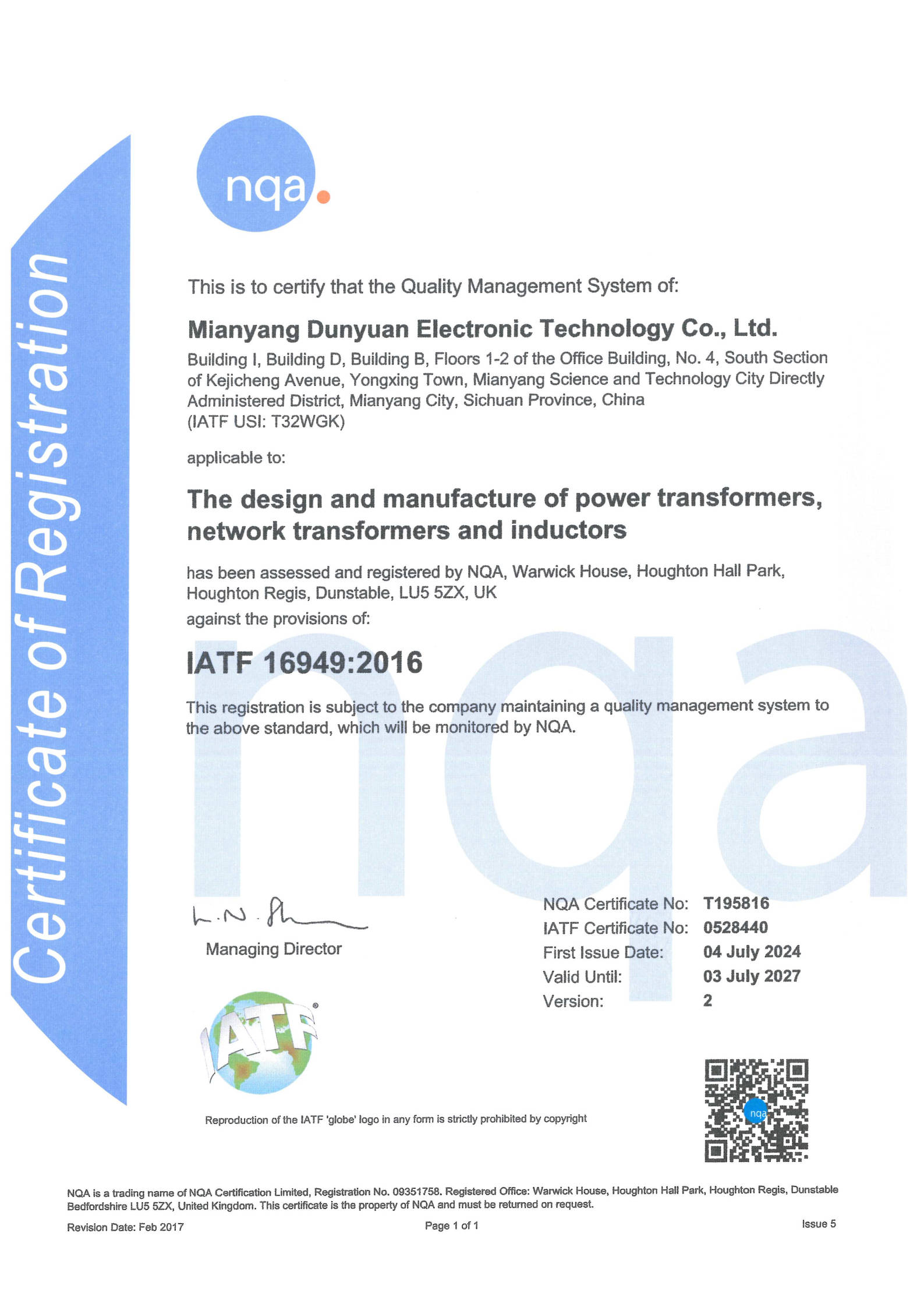 About Certificate of Registration (IATF16949)
