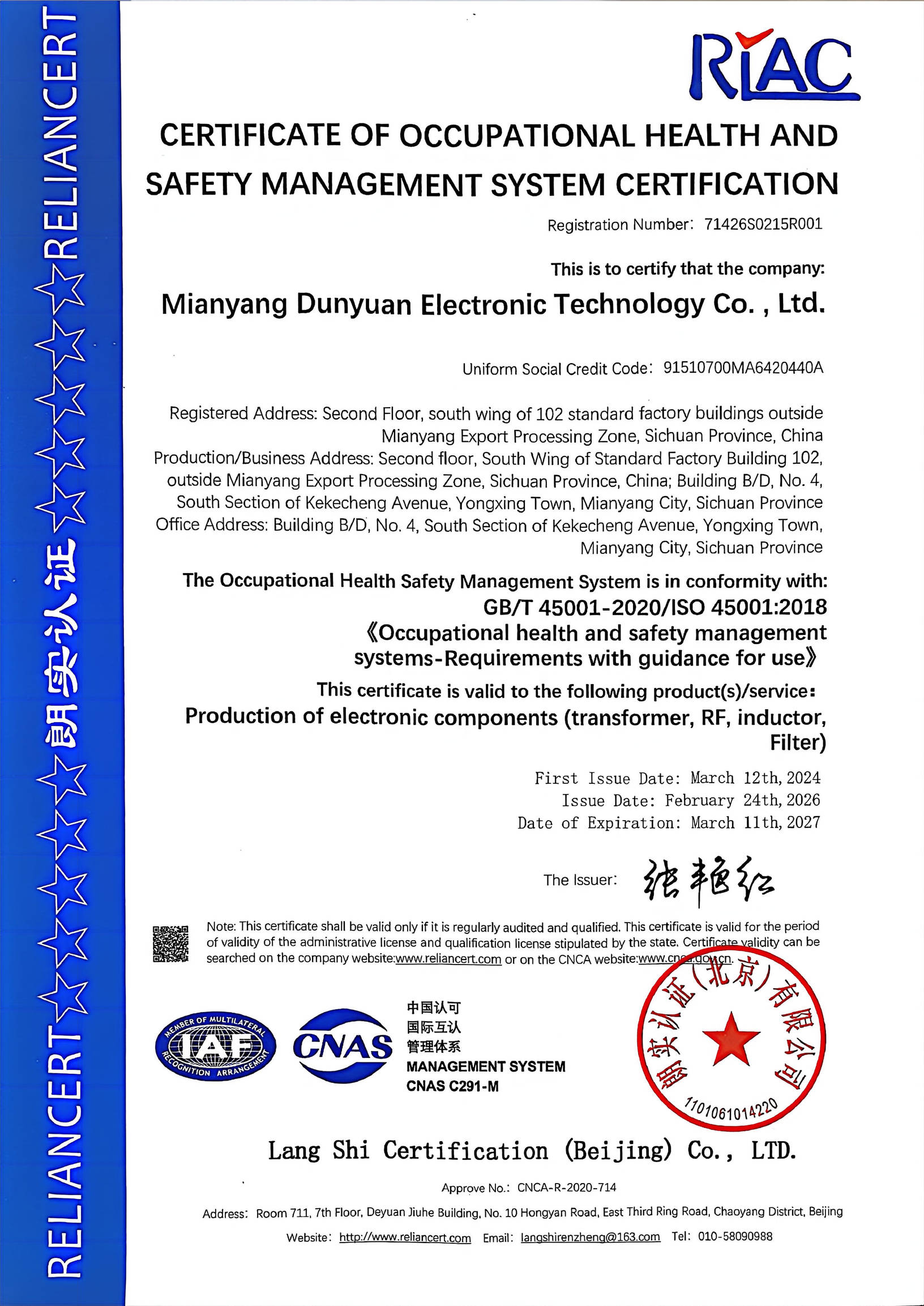 About Certificate of Occupational Health and Safety Management (ISO45001)